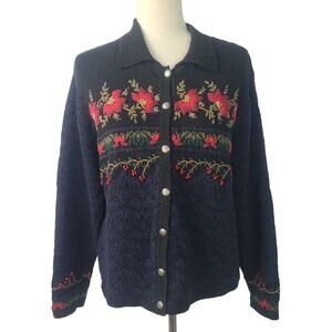 Talbots Black Red Purple Embroidered Cotton Silk Cardigan Sweater Large
